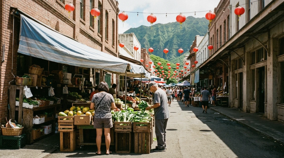 Lei stands and open-air produce stalls on a Chinatown Honolulu market street, part of what to see on a self-guided Honolulu city tour walk, Oahu, Hawaii