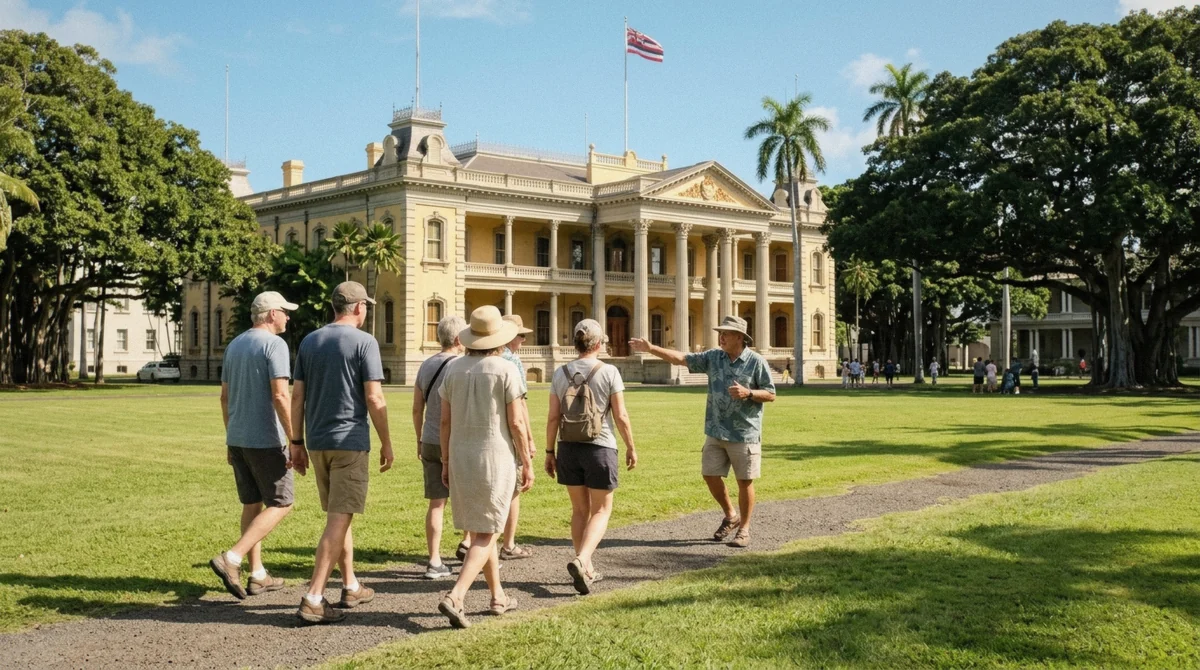 Iolani Palace grounds in historic downtown Honolulu on a self-guided Honolulu city tour walking route, Oahu, Hawaii