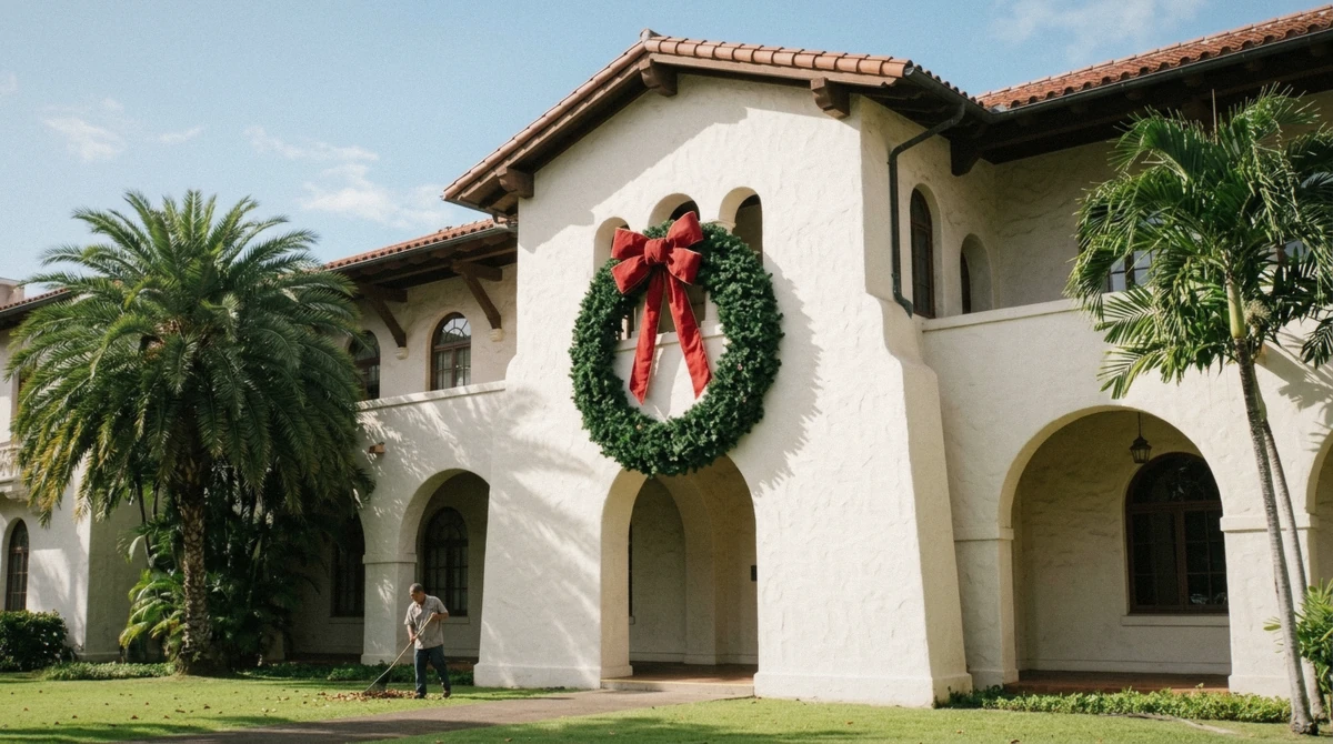 Giant holiday wreath on Honolulu Hale during Honolulu City Lights, the December stop many Honolulu city tours build an evening around