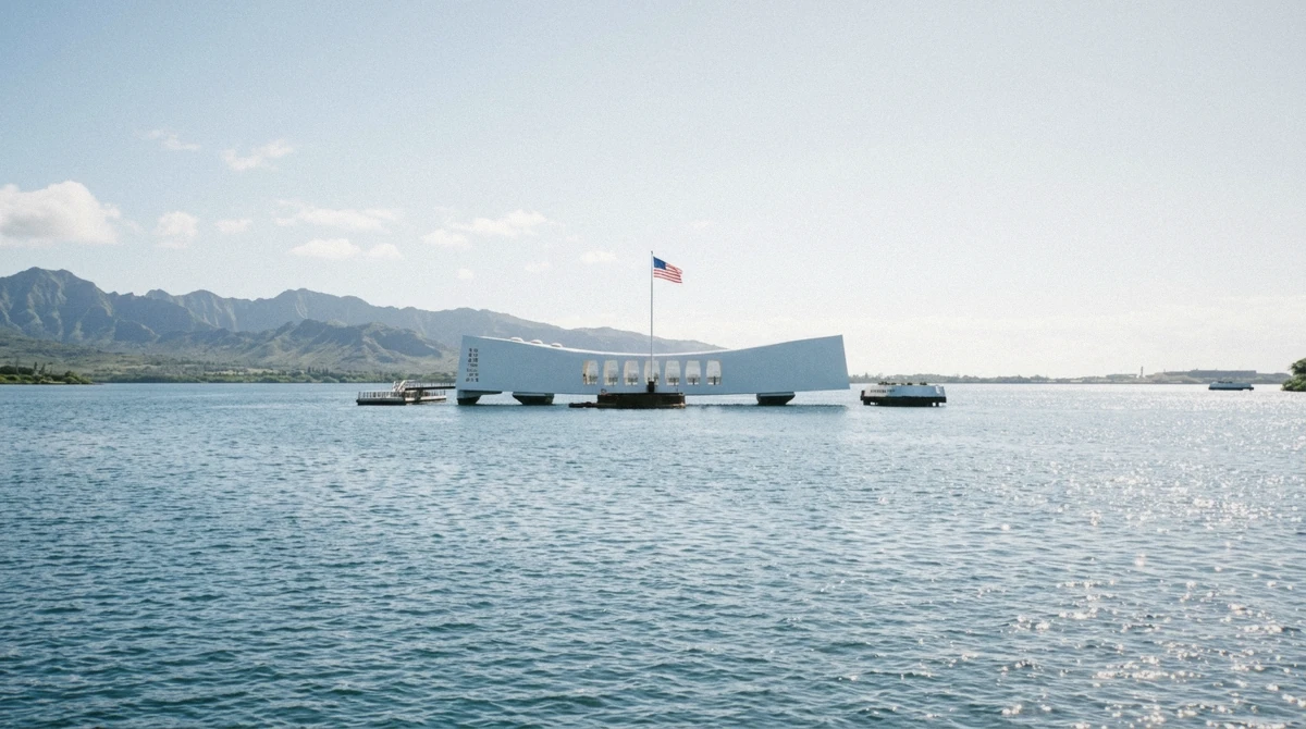 The white USS Arizona Memorial floating over Pearl Harbor on a guided Honolulu city tour, Oahu, Hawaii