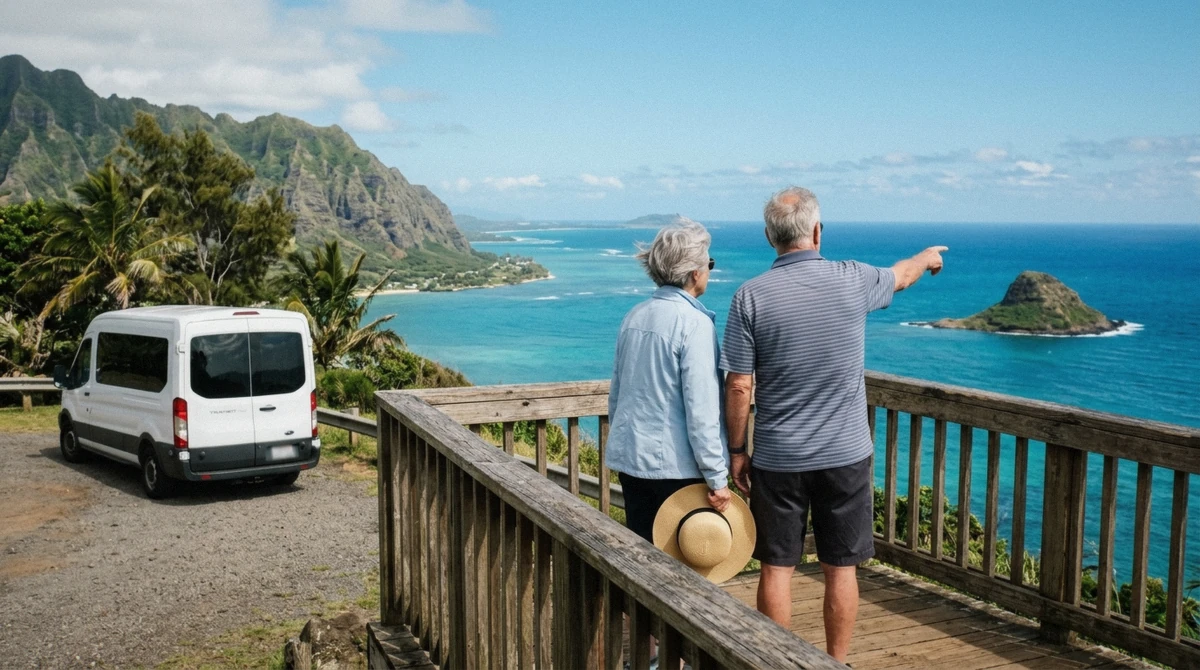 An older couple seated and looking out over Oahu's coastline on a Honolulu city tour suited to senior travellers, Hawaii