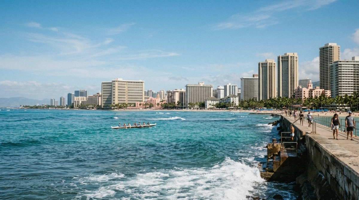Waikiki's beachfront hotel strip beside downtown Honolulu's civic skyline, the two areas compared for Honolulu city tours, Oahu, Hawaii